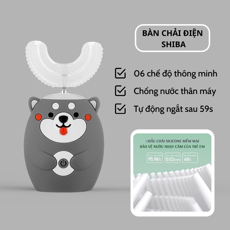Bàn chải điện cho bé Shiba, bàn chải điện trẻ em đầu chữ U cho bé từ 2-9 tuổi - Giúp bé vệ sinh răng miệng hiệu quả