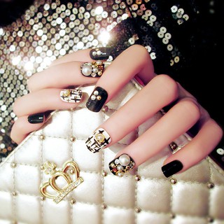 [Hàng mới về] Set 4 móng tay giả màu trắng đen đính hạt ngọc trai