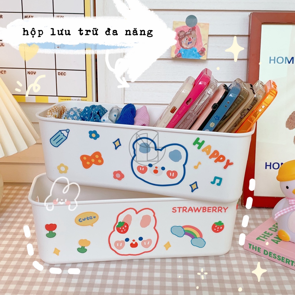 [Kèm sticker] Hộp Đựng Đồ bằng nhựa, Hộp Đựng Ốp Lưng, có tay cầm, màu trắng đẹp, phong cách Hàn Quốc, decor bàn học