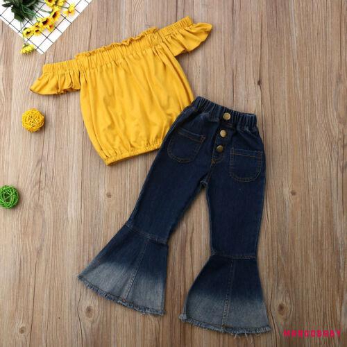 Set Áo Trễ Vai + Quần Denim Dài Màu Gradient Cho Bé Gái