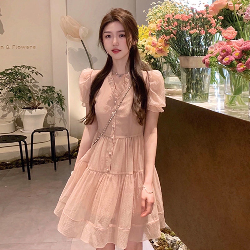 Đầm Dài Cổ Chữ v Màu Hồng Phong Cách Pháp Thanh Lịch Dành Cho Nữ