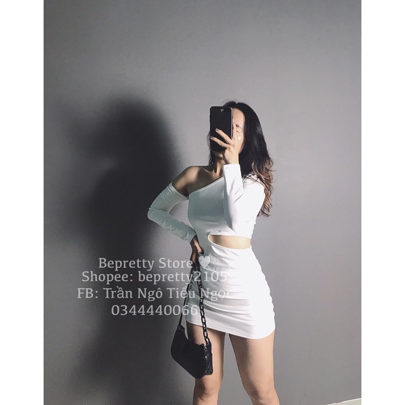 Đầm body hở vai khoét eo tay dài