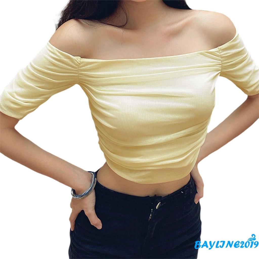 Áo Croptop Trễ Vai Tay Ngắn Màu Trơn Thời Trang Mùa Hè Cho Nữ