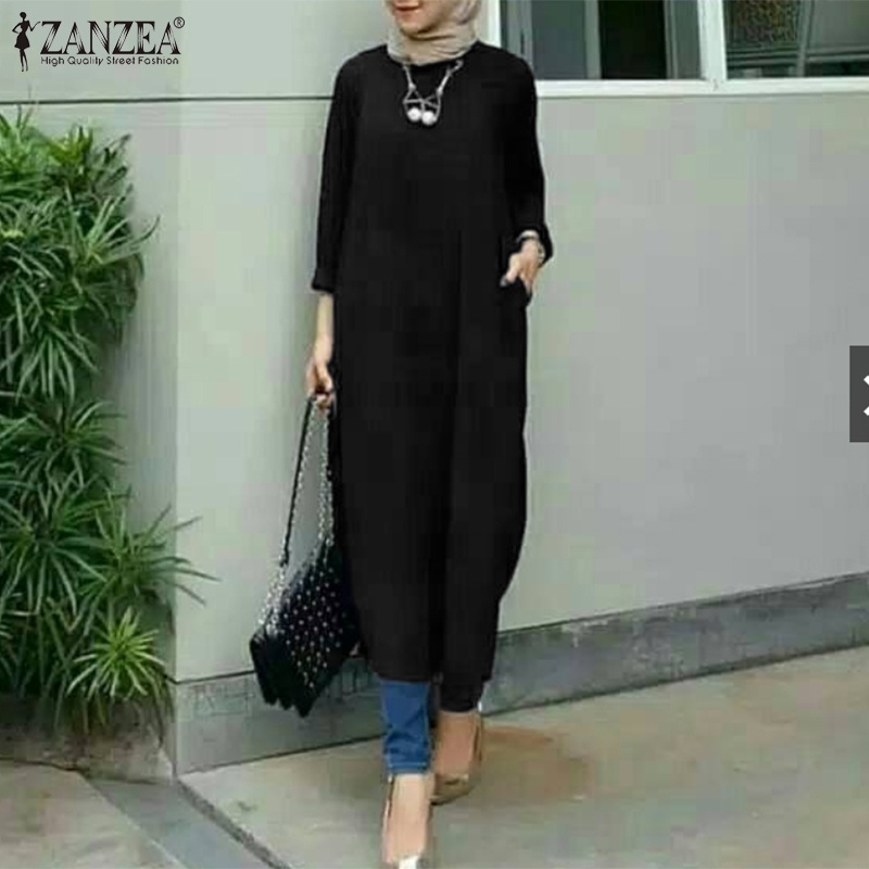 ZANZEA Đầm Dài Màu Trơn Tay Dài Thời Trang Cho Phụ Nữ Hồi Giáo