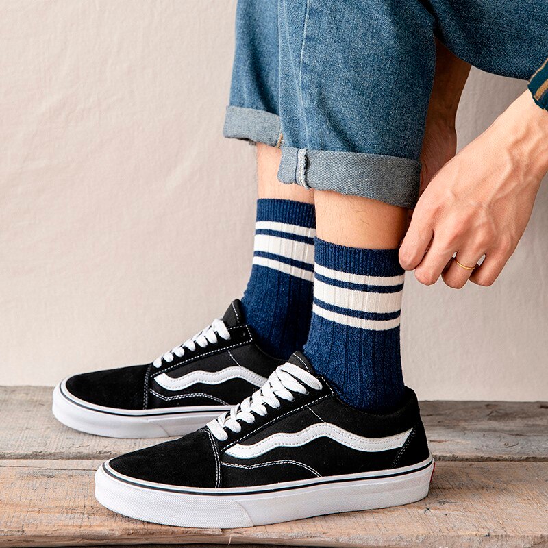 Men's Striped Breathable Crew Fashion Socks Combed Cotton Stripes Casual Comfortable Long Socks Boys Hosiery Easy-matching