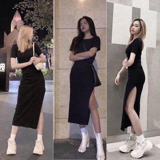 Đầm body tay ngắn xẻ tà dáng dài dambody aosominugiare