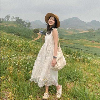 Váy maxi hai dây viền ren, đầm maxi phối ren xinh xắn (ảnh thật) - V30FG