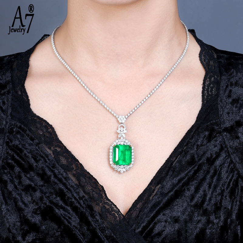 Vòng cổ Mạ Bạc 925 Mặt Vuông Đính Đá Ngọc Lục Bảo Toàn Diện Cho Nữ X4Y94