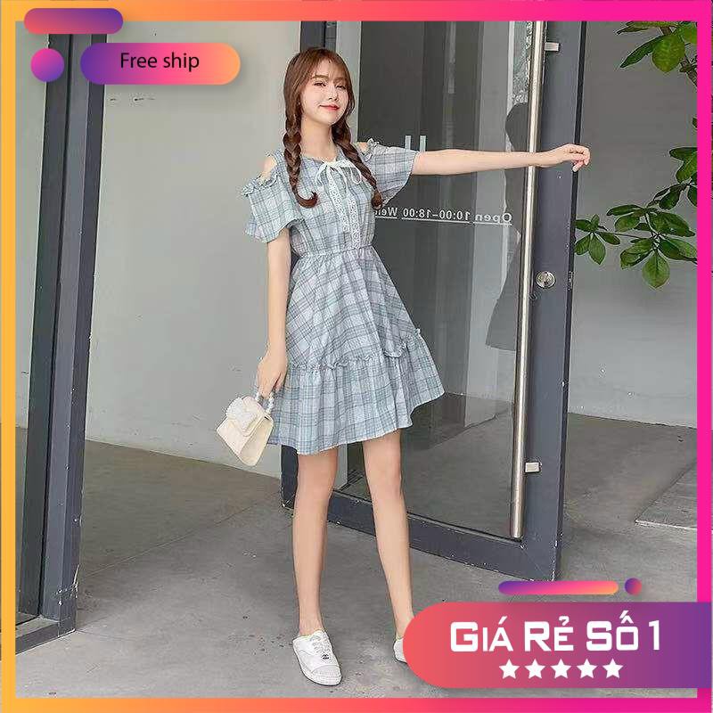 Váy Đầm , váy nữ thô kẻ nơ ren , thiết kế 2 màu cực đẹp.