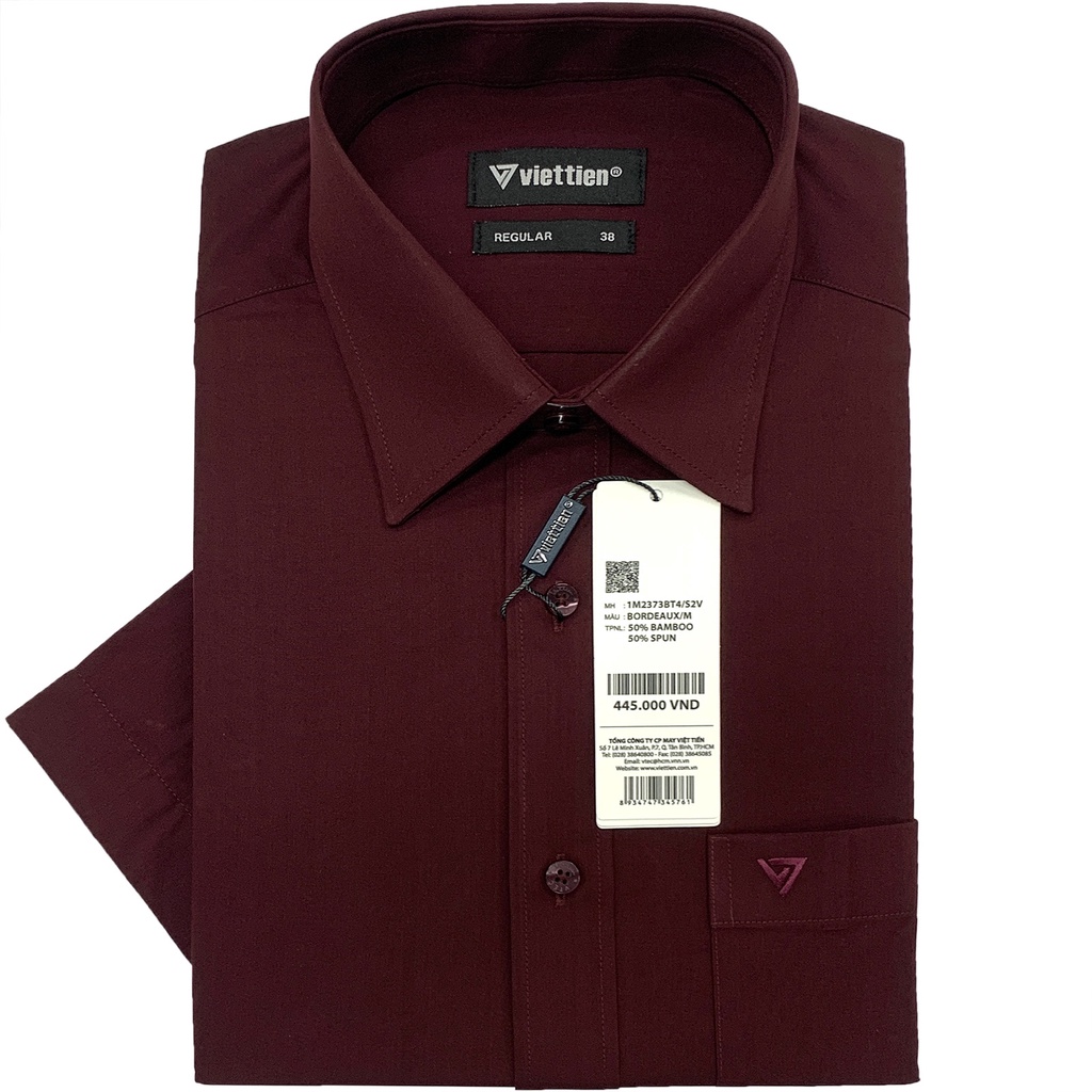 Viettien - Áo sơ mi nam ngắn tay vạt bầu màu đô 1M2373 regular