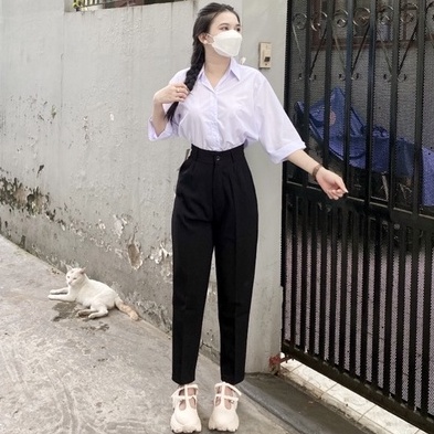 Quần tây baggy đi học nữ cạp có đai lưng cao màu xanh đen dáng dài Quần vải nữ công sở dày dặn phối áo sơ mi đi học làm