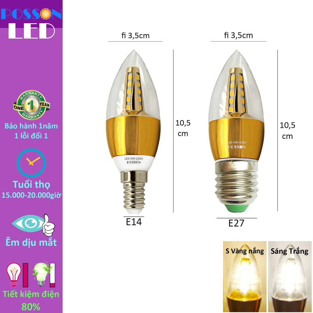 10 Bóng đèn Led nến 5w quả nhót đuôi E14 E27 tùy chọn Posson LCP-5Ex