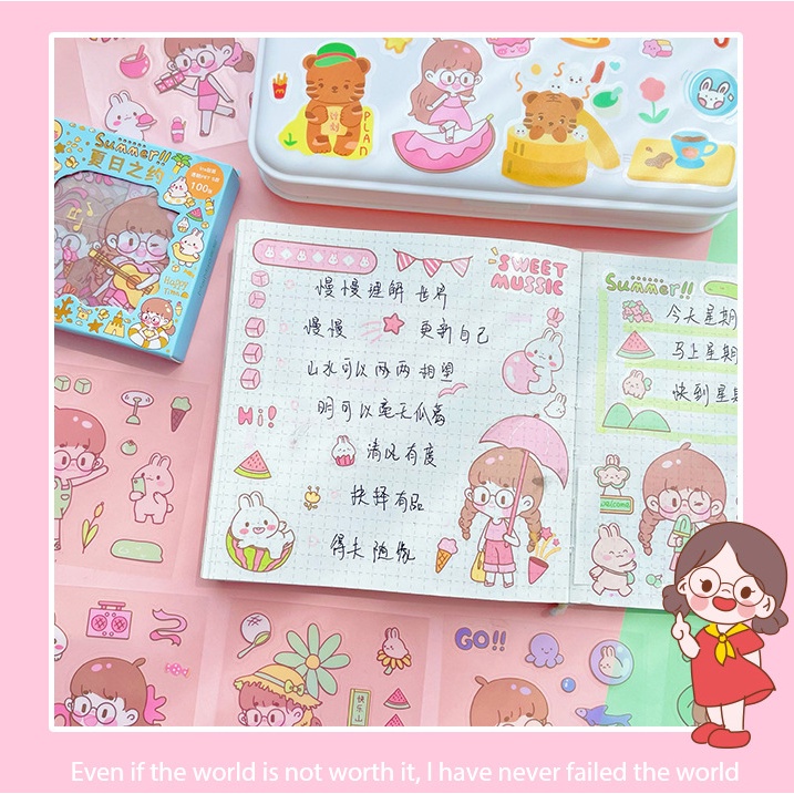 Bộ 100 Miếng Dán Chống Thấm Nước Họa Tiết Hoạt Hình Dễ Thương Trang Trí Sổ Tay / Nhật Ký