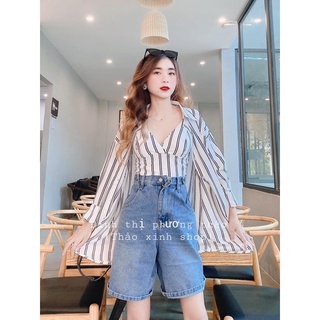 Set quần ngố jeans đai nút + set 2 món sơ mi sọc