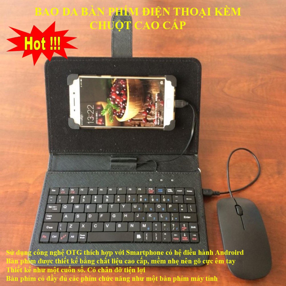 Bàn Phím Kết Nối Điện Thoại, Bao Da Kiêm Bàn Phím Điện Thoại, Máy Tính Bảng -MÀU ĐEN