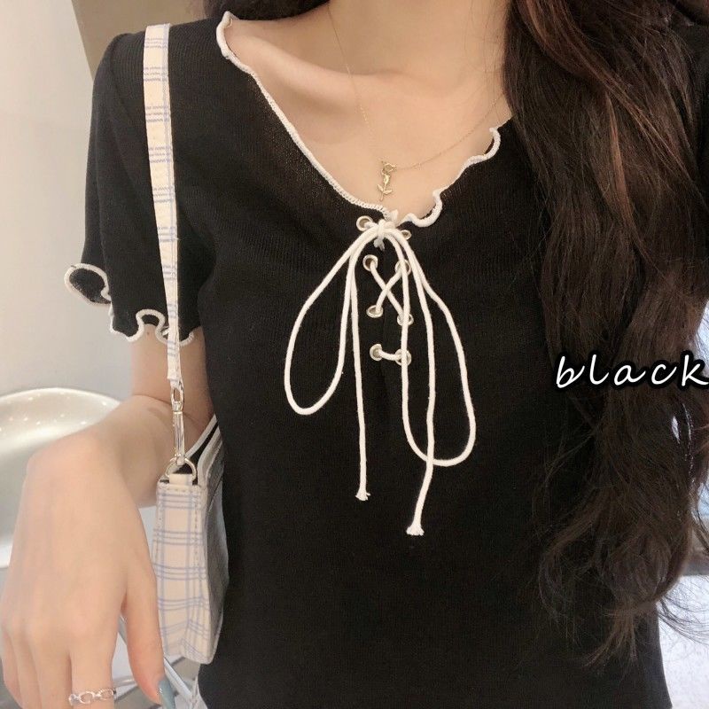 Áo Thun Dệt Kim Tay Ngắn Cổ Chữ V Cột Dây Thời Trang Mùa Hè 2022 Cho Nữ