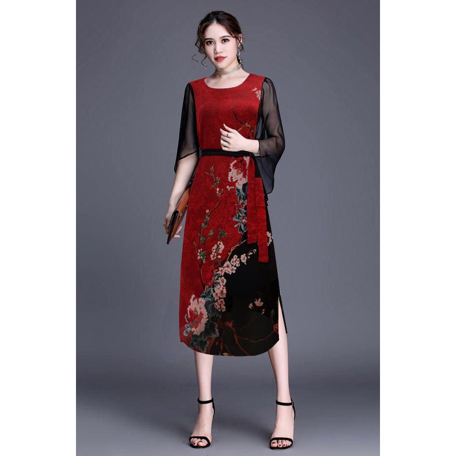 BIGSIZE - ĐẦM SUÔNG TUỔI TRUNG NIÊN NHIỀU SIZE KIỂU ĐẦM SUÔNG TAY CÁNH TIÊN IN HOA MẪU ĐƠN D3285