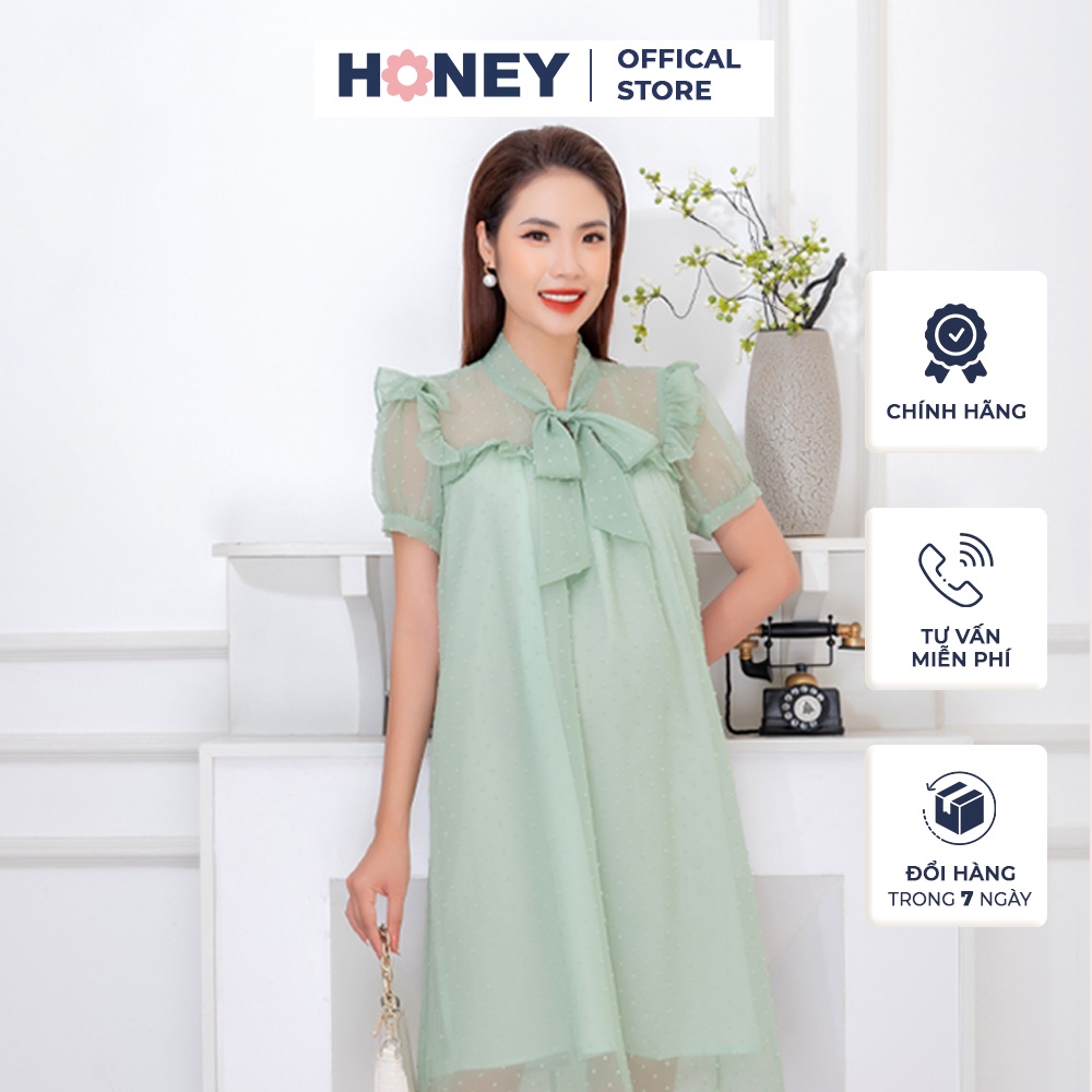 Váy bầu thời trang thiết kế công sở dáng xuông cổ thắt nơ tay bồng 2 lớp - Thời trang đầm bầu cao cấp HONEY