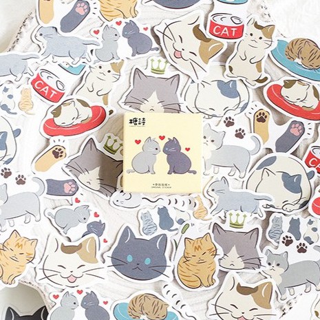 Hộp 45 miếng sticker mẫu hai con mèo và trái tim