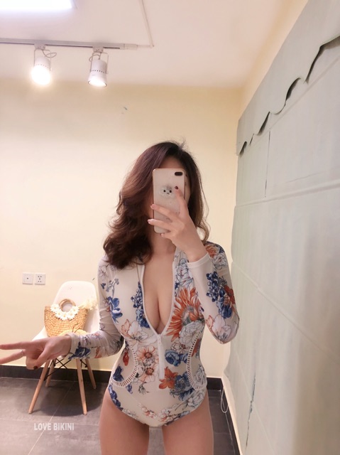 Bikini liền , đồ bơi nữ 1 mảnh cổ khoá kéo hoạ tiết hoa mẫu đơn