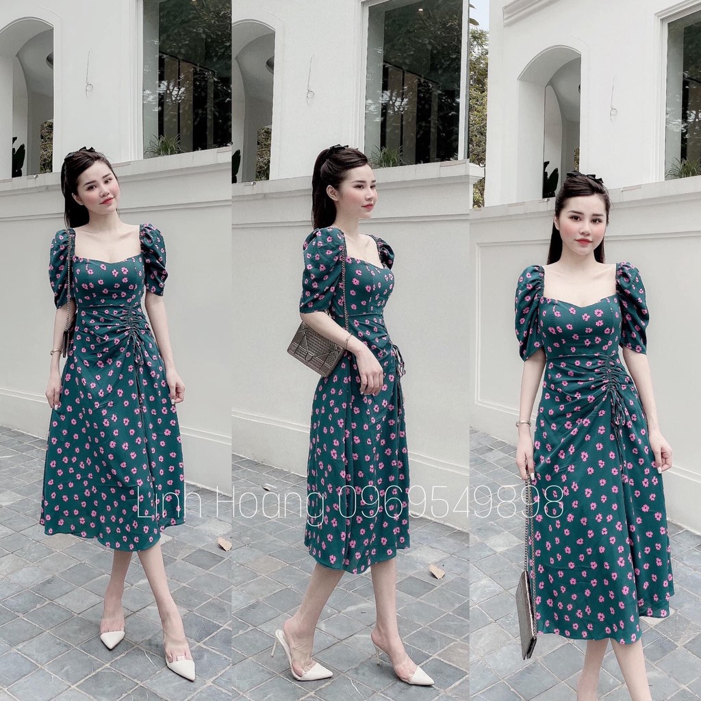 [Mã FAGREEN1505 giảm tới 30K đơn 99K] VN93 - VÁY HOA XANH DÚM EO XÒE NỮ