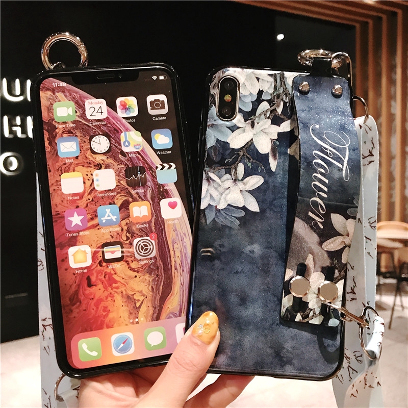 Ốp điện thoại mềm hình hoa có quai cầm thích hợp cho iPhone X XS XR XS Max 6 6s Plus 7 8 Plus 11 11 Pro Max SE 2020