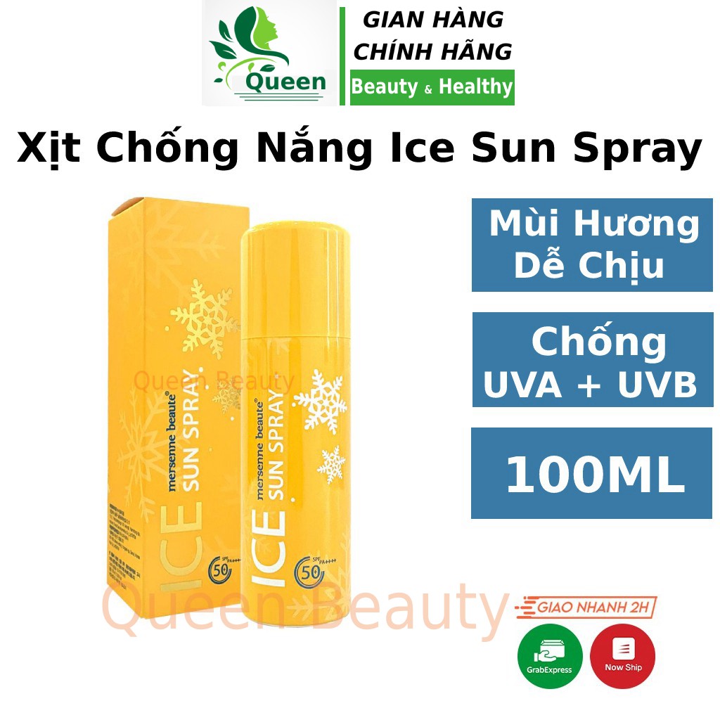 Xịt chống nắng Ice Sun Spray SPF50+ PA+++ 100ml body nâng tone cho da dầu mụn nhạy cảm hỗn hợp da khô Queen Beauty