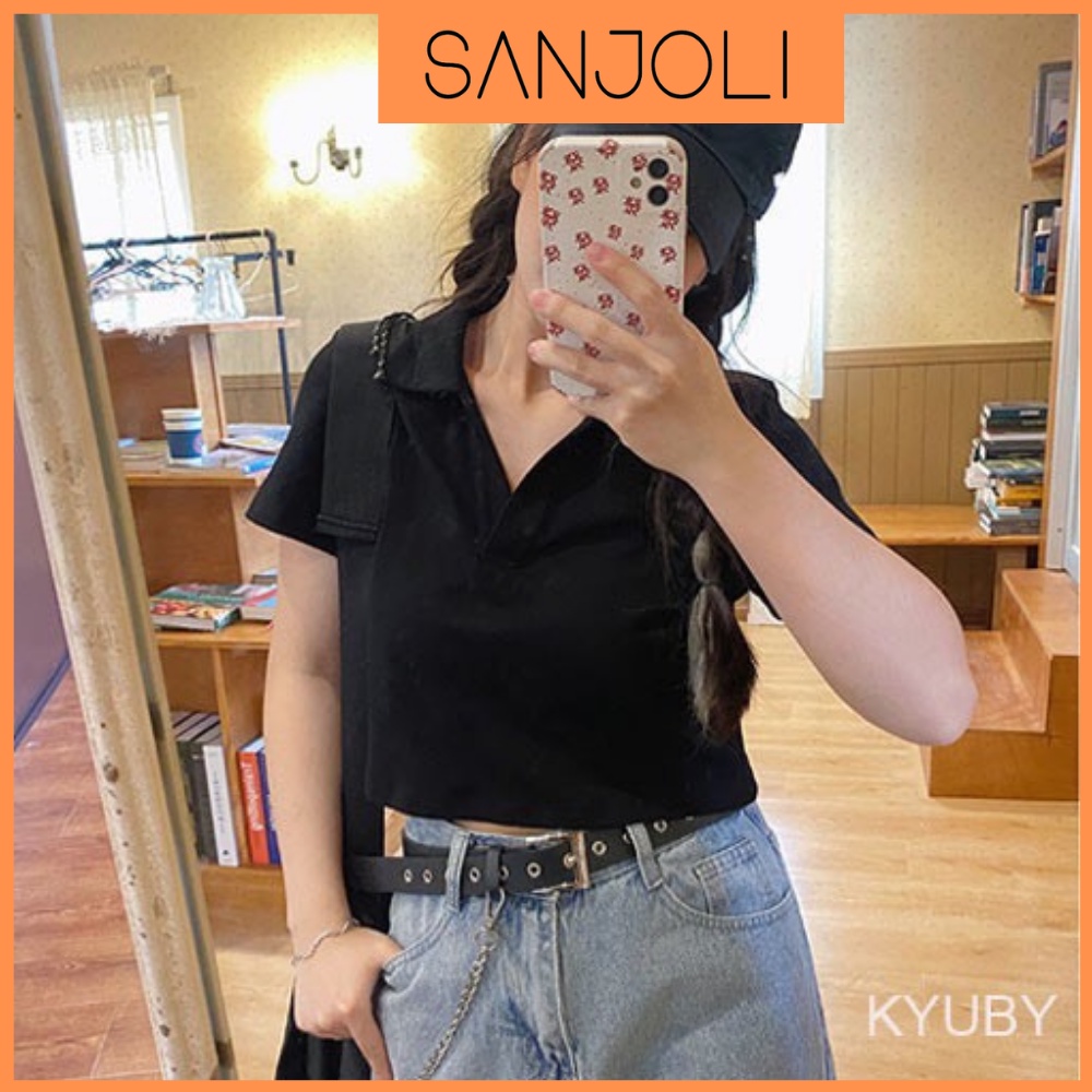 Áo Crt Nữ SANJOLI Croptop Tay Ngắn Cổ Polo Ôm Body Hở Bụng Sexy Cá Tính Đi Chơi  AO018
