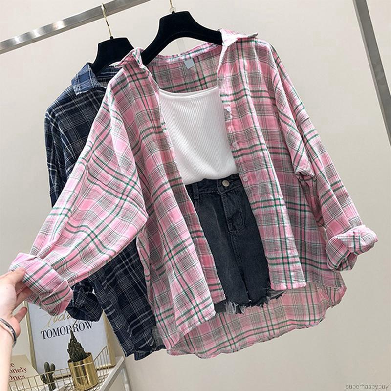 Áo sơ mi chiffon sọc caro cho nữ tay dài dáng rộng dùng chống nắng
