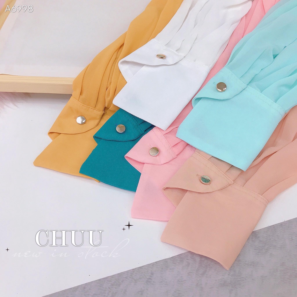 Áo sơ mi tay dài vải chiffon cổ thắt nơ in chữ Revenel CHUU A6998