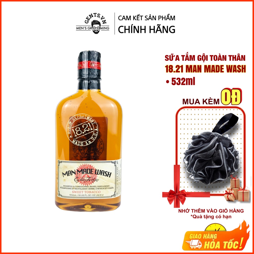 Sữa tắm, dầu gội xả 3in1 cho nam 18.21 Man Made Wash Sweet Tobacco 532ml/950ml hương nước hoa thơm lâu