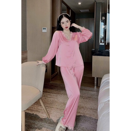 [Siêu hot] Đồ bộ pijama mặc nhà LỤA LATIN cổ V đắp ren tay dài phồng cao cấp chuẩn QCCC