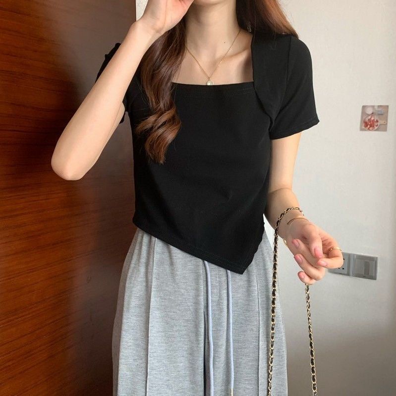 Áo thun nữ cổ vuông, tà xéo dễ thương xinh xắn