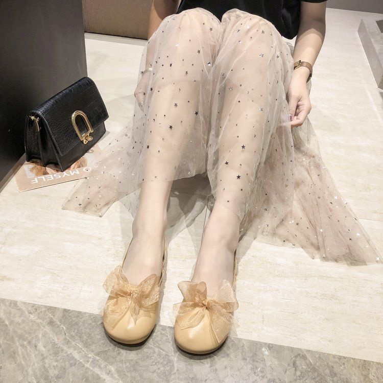 Giày búp bê da mềm buộc nơ lụa