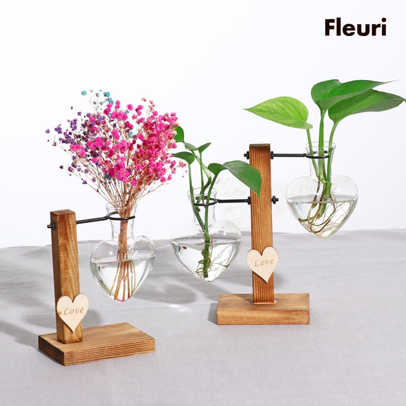 Chậu hoa thủy tinh để bàn kèm giá đỡ bằng gỗ