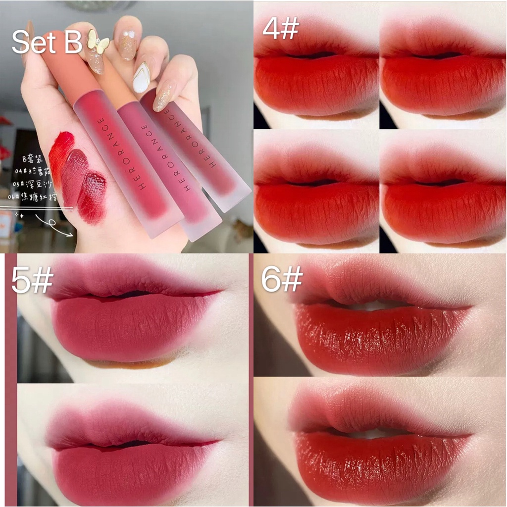 Set 3 cây Son môi HERORANGE Fluffy Lip Glaze Siêu Xinh Chất Mềm Và Mịn Môi