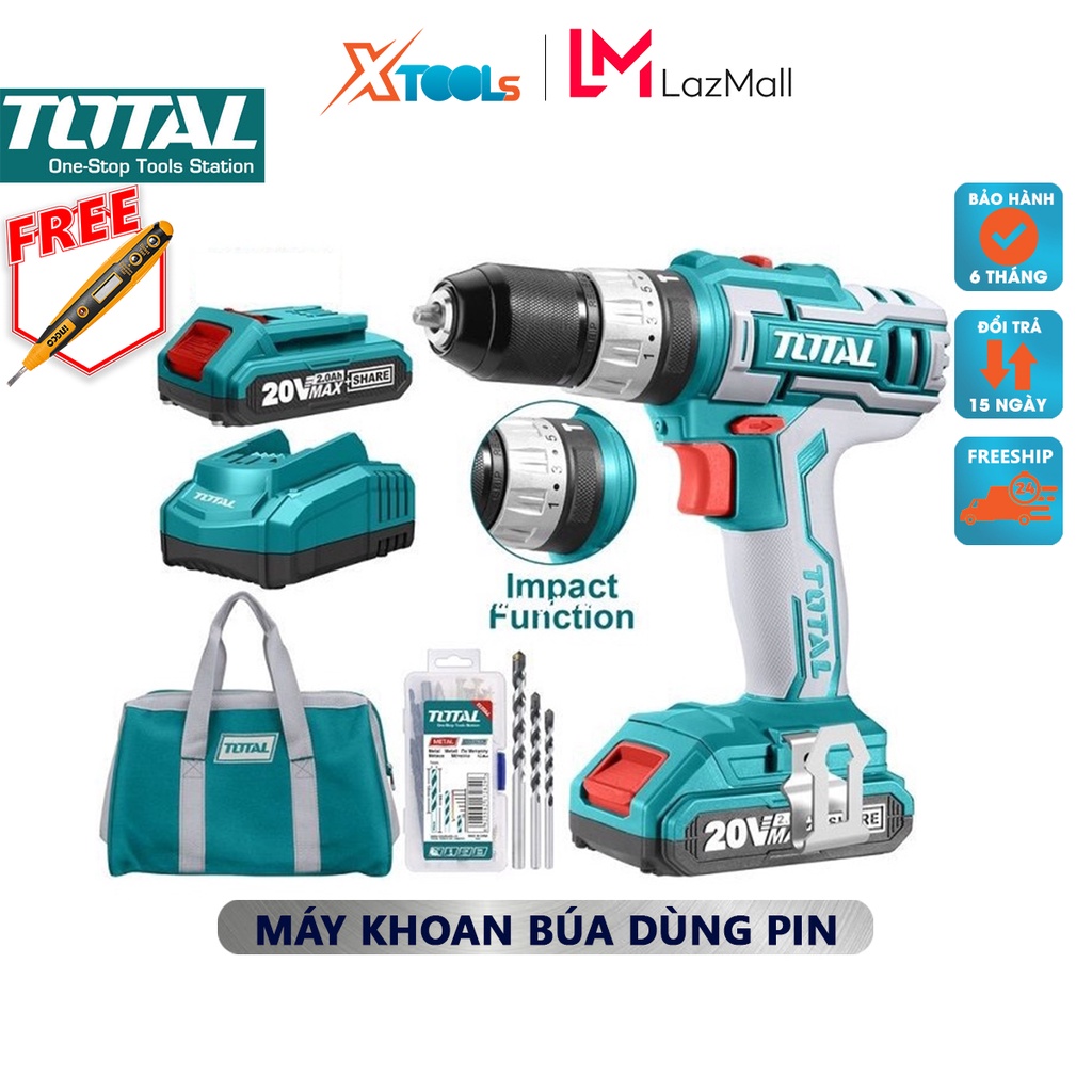 Máy khoan bê tông dùng pin 20V TOTAL TIDLI2002 nhông hai tốc độ, khả năng khoan 0.85- 10mm, đầu khoan khóa tự động, nhôn