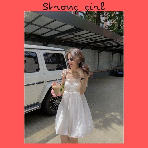 Đầm nữ hai dây chun ngực viền bèo, váy nữ Hàn Quốc hai màu trắng xanh siêu xinh Freesize dưới 60kg Q060
