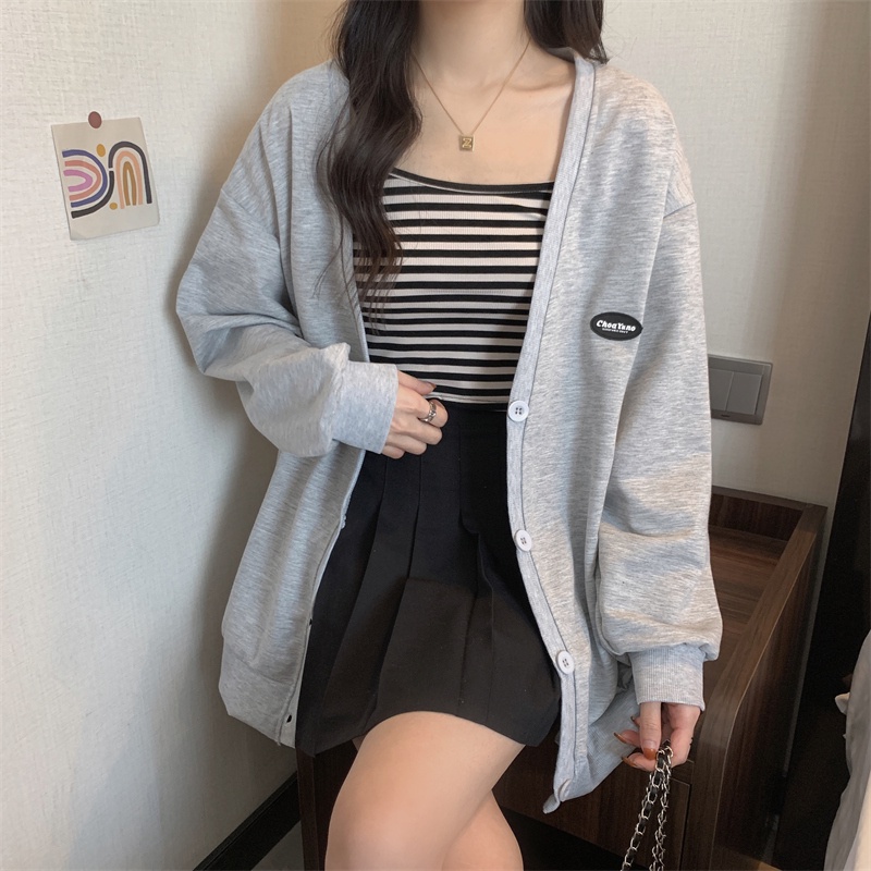 Áo Khoác Cardigan Tay Dài Cổ Chữ V Form Rộng Phong Cách Preppy