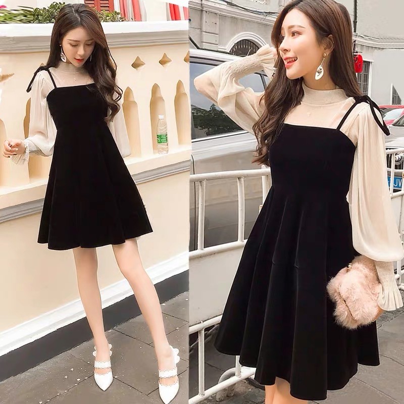 SẴN🖤Set đầm xoè nhung|Đầm ulzzang tiểu thư áo nhũ mỏng lấp lánh bèo váy 2 dây yếm xinh quyến rũ dạo phố