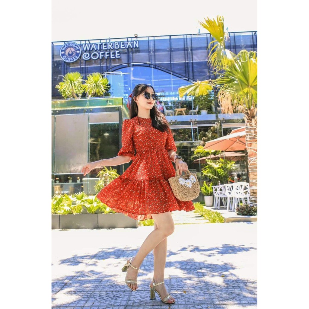 Đầm xòe lụa hàn họa tiết hoa nhí