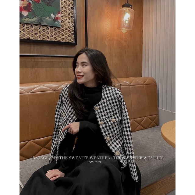 Áo khoác dạ tweed túi giả kẻ caro khuy vàng