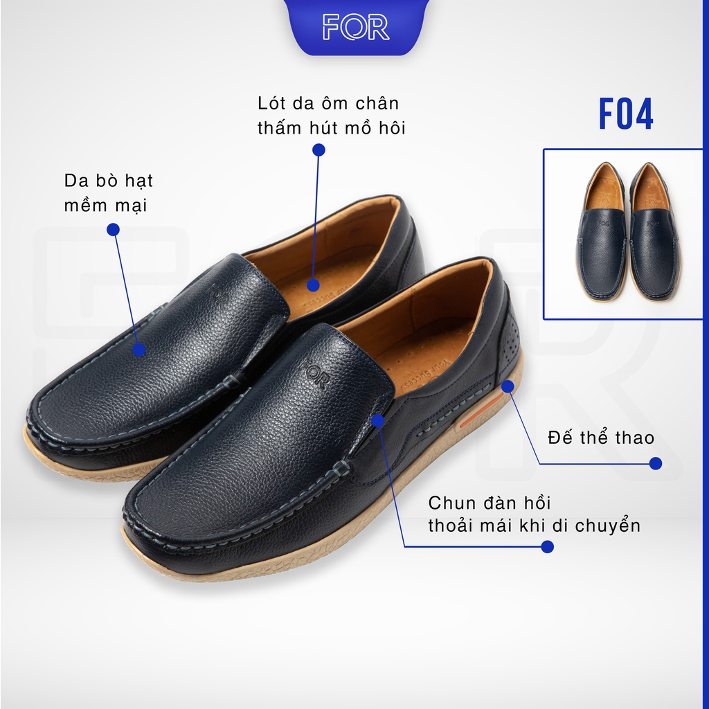 Giày lười nam FOR da bò cao cấp với thiết kế màu xanh navy trẻ trung, phần đế cao su siêu êm, chắc chắn F04