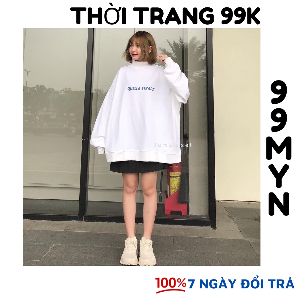 Áo sweater form rộng Quella strada đẹp tay bồng unisex giá rẻ cổ lọ nỉ bông cotton dưới 60kg - 99LYNS | BigBuy360 - bigbuy360.vn