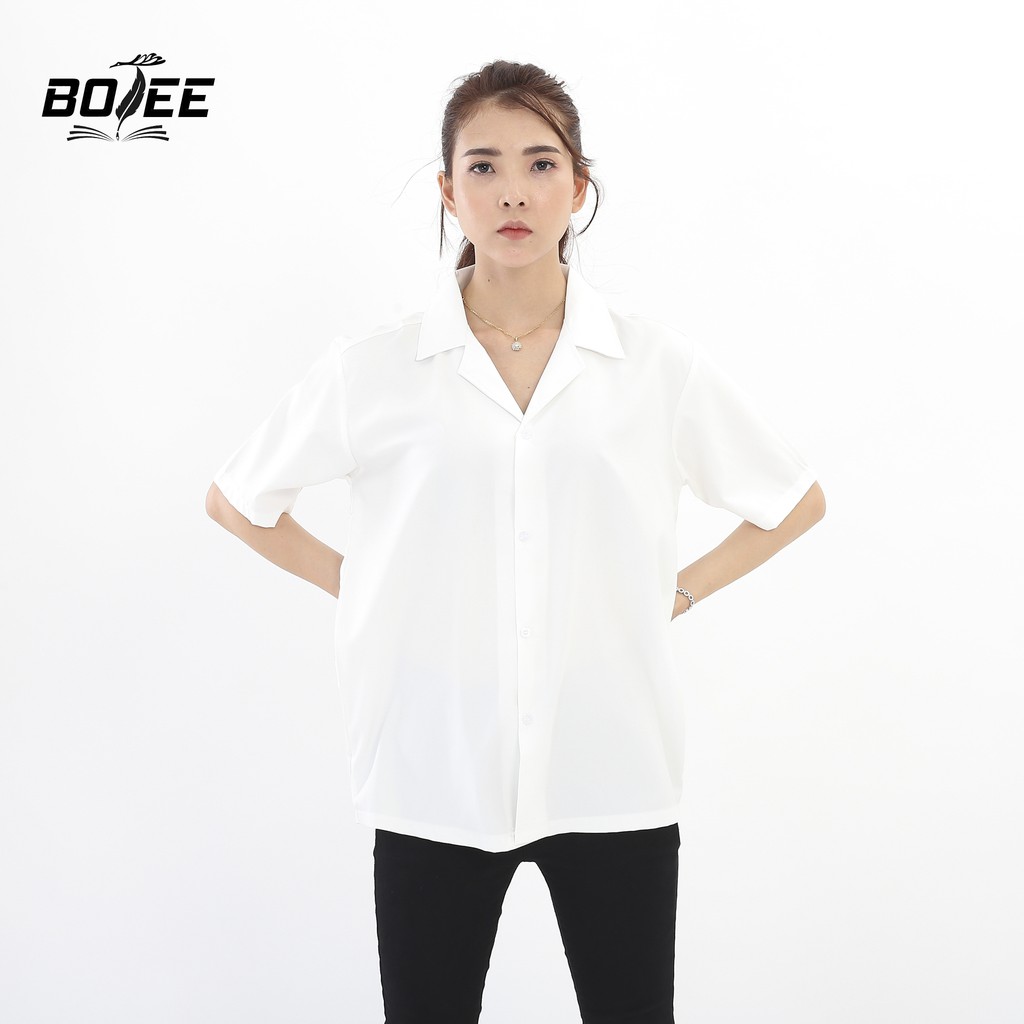 Áo sơ mi ngắn tay Trắng cổ Vest BOTEE vải lụa mềm mại form rộng unisex nam nữ