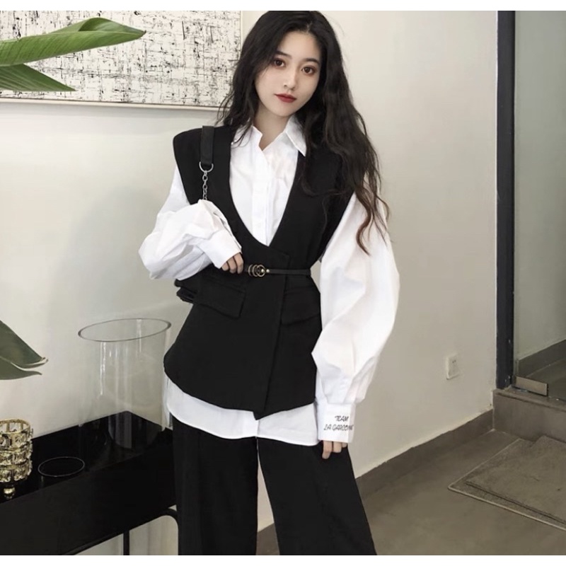 [HÀNG SẴN]SET ÁO SƠMI MIX GILE ĐỘN VAI kèm đai siêu sang chảnh