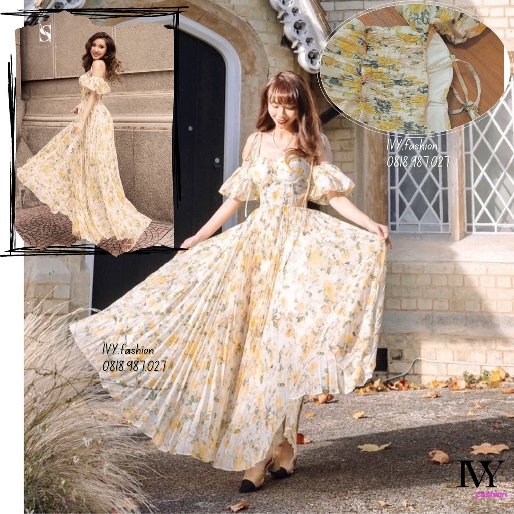 Đầm váy maxi 🔥lụa hoa dập ly🔥 trễ vai suông dài nude kem đi biển dự tiệc dạo phố bigsize gợi cảm sexy