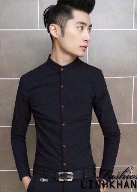 Áo sơ mi Hàn Quốc trơn cổ trụ tay dài thời trang nam