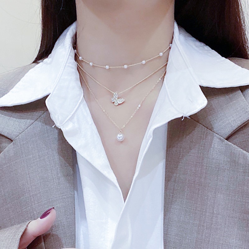 Dây chuyền nhiều lớp mặt hình bướm và ngọc trai giả thanh lịch cho nữ