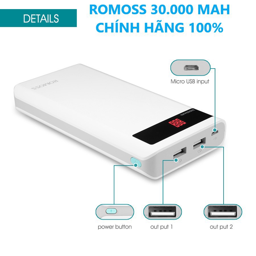 (CHUYÊN SỈ LẺ) (CÓ LED) SẠC DỰ PHÒNG ROMOSS 30.000MAH - SẠC NHIỂU LẦN CHO SMARTPHONE (GIÁ RẺ)